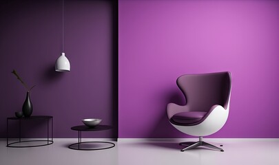  a purple and white chair and table in a room with a purple wall and a black table with a vase and a white lamp on it.  generative ai