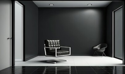  a black and white room with a chair and a chair on the floor and a door to the other side of the room with a door open.  generative ai