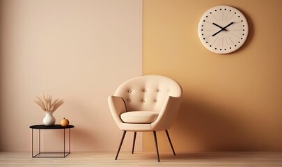  a chair and a clock on a wall in a room with a table and a vase on the floor in front of a wall with a clock.  generative ai
