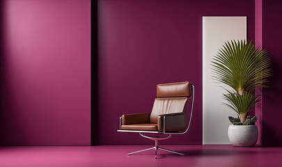  a chair and a potted plant in a room with a purple wall and a white vase with a green plant in it on a pink floor.  generative ai