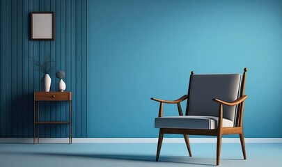  a chair sitting in a room with a blue wall and a wooden table with a vase on it and a picture frame on the wall.  generative ai
