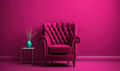  a pink chair sitting next to a table with a vase on it and a pink wall in the background with a blue vase on it.  generative ai