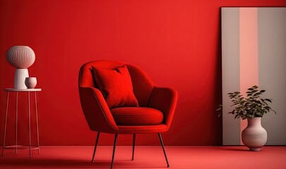  a red room with a red chair and a white vase with a plant in it and a red wall with a mirror behind it and a white vase with a plant in it.  generative ai