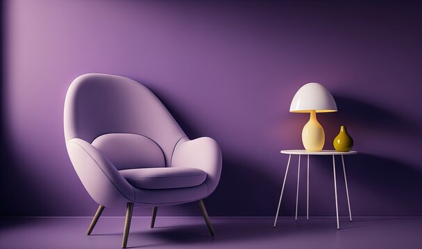  a chair and a table with a lamp on it in a room with purple walls and a purple chair with a yellow vase on it.  generative ai