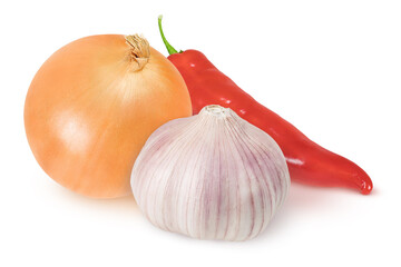 Onion, garlic and red pepper on an isolated white background.