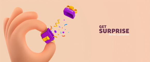 3d vector cartoon human hand holding gift box with explosion confetti vector illustration. Arm giving open gift box on bright background. Win prize web banner template