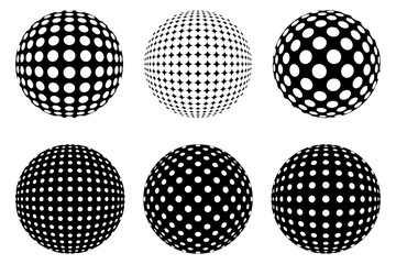 Set of Decorative Dotted spheres isolated. 3D style Abstract balls with circle patterns. Vector illustration