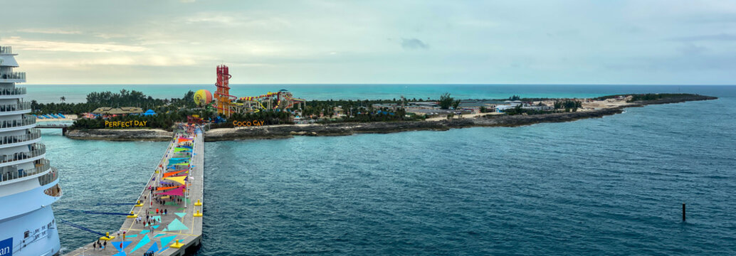 Coco Cay, Bahamas: Coco Cay is leased by Royal Caribbean Cruises. Aerial, panoramic view of Cococay, private island owned by Royal Caribbean cruise line where guests can have Perfect Day at Coco Cay.
