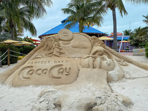 Coco Cay, Bahamas: Sand sculpture at private island leased by Royal Caribbean Cruise line. Perfect Day at CocoCay. 