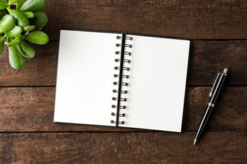 Elegant empty notebook on wooden table. Business background