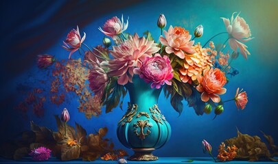 Obraz na płótnie Canvas a painting of a blue vase filled with flowers on a blue tablecloth with a blue background and a blue background behind it is a blue vase with pink and yellow flowers. generative ai