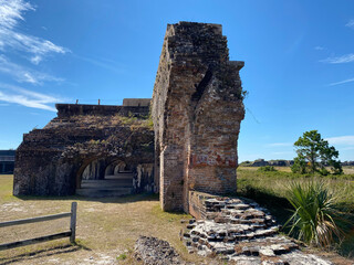 Gulf Islands National Seashore along Gulf of Mexico barrier islands of Florida. Fort Pickens pentagonal historic United States military fort on Santa Rosa Island.