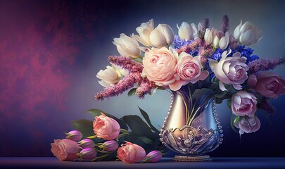  a vase filled with lots of pink and white flowers next to a bunch of purple and white flowers on a table next to a purple wall.  generative ai