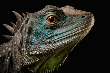 Fototapeta premium Close-up of a Black Iguana (Ctenosaura) isolated on black background. Generative AI