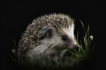 a cute baby hedgehog in the grass isolated on black background. Generative AI
