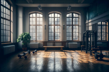 Spacious gym very bright with lots of bay windows - Ai generative - obrazy, fototapety, plakaty