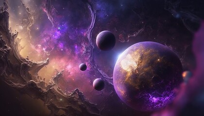 Obraz na płótnie Canvas a group of planets in a space with stars and planets in the background, with a purple and blue hue to the left of the image. generative ai