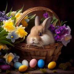 Ein kuscheliger Osterhase sitzt in einem Osterkorb mit Blumen und Ostereiern KI generiert