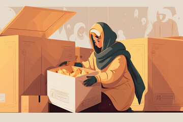 woman packing, sorting old donations clothes in boxes for people in need. Generative AI
