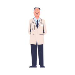 Fototapeta premium Mustached Man Doctor or Physician Character in Uniform Standing with Stethoscope Vector Illustration