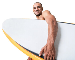 Surfer holding a surfboard isolated in white background