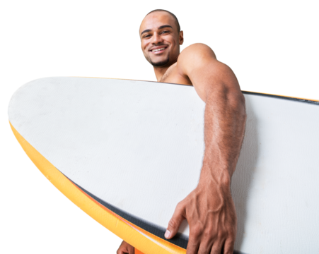 Surfer holding a surfboard isolated in white background
