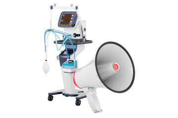 Megaphone with medical ventilator, 3D rendering