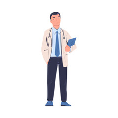 Smiling Man Doctor or Physician Character in Uniform Standing with Clipboard and Stethoscope Vector Illustration