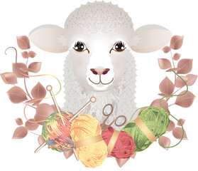 Ein niedliches Schaf mit Wolle und Stricknadeln