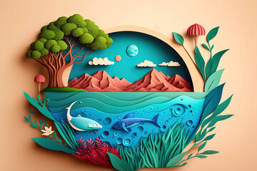 Concept of ecology and world water day. Paper art, paper cut. Generative AI illustration.