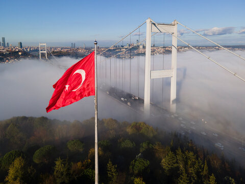 Turkish Flag (Turk Bayragi) Drone Photo, Uskudar Istanbul, Turkiye