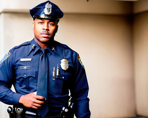 Candid portrait of a proud and confident African American male police officer in uniform, generative AI