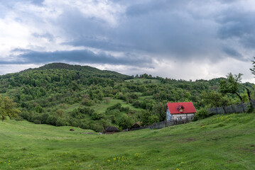 Fototapeta na wymiar Landscape Nature in Romania. Mountains and Cloudy Sky. Lonely House with Red Roof
