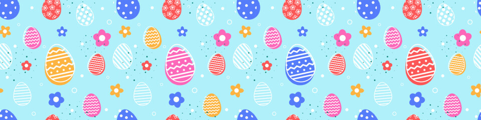 Colourful Easter background with eggs and flowers. Seamless pattern. Banner. Vector illustration