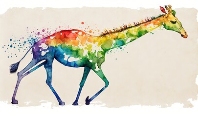  a colorful giraffe walking across a white background with a splash of paint on it's back legs and neck and neck,.  generative ai