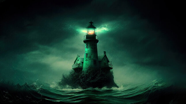 Old haunted lighthouse in the stormy sea at night, on a tiny island.
