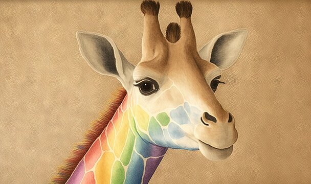  a painting of a giraffe's head with a rainbow - colored neck and long, thin, long, thin, neck.  generative ai