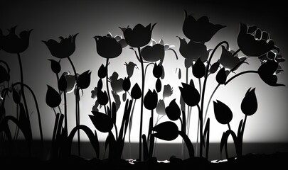  a black and white photo of a bunch of flowers in the dark with a light behind them and a shadow of the flowers on the wall.  generative ai