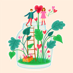 Vector illustration romantic couple with heart and green plants. Postcard on anniversary.