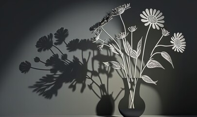 a black vase with white flowers in it on a table next to a shadow of a wall and a wall with a shadow of a plant.  generative ai