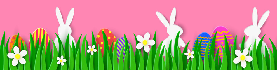 Design with Easter eggs and bunnies hidden in the grass. Holiday banner with paper cut decorations. Vector illustration
