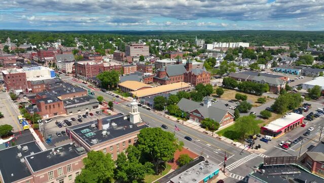 Nashua historic downtown aerial view on Main Street including City Hall and commercial center in city of Nashua, New Hampshire NH, USA.
