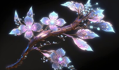  a branch with flowers and leaves on a black background with a blue light coming from the center of the branch and a blue light coming from the top of the branch.  generative ai