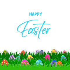 Easter egg hunt concept. Greeting card in paper cut style with easter eggs in the spring grass. Vector illustration