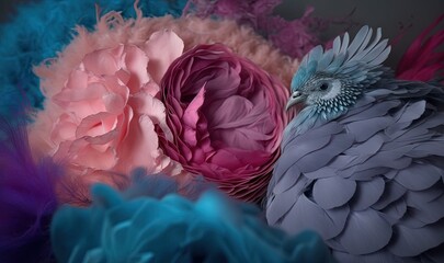  a close up of a bunch of flowers with feathers on it's sides and a bird on the other side of the flower petals.  generative ai