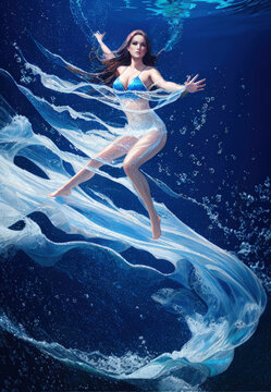 Woman floating underwater	
