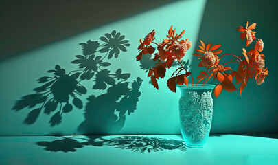  a blue vase with a plant in it on a table next to a shadow of a plant on the wall and a green wall behind it.  generative ai