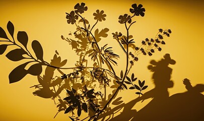  a shadow of a plant and a person's shadow on a yellow background with a yellow background and a black and white photo of a person's shadow.  generative ai