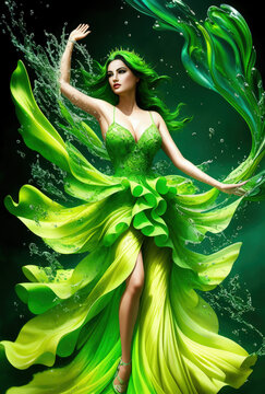 Dance of woman in green dress underwater	
