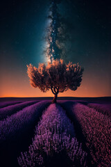 Obraz na płótnie Canvas A lone tree in the middle of a lavender field. Generative AI